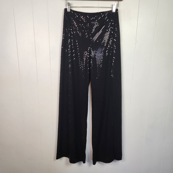 Vintage Pants - Vintage Joseph Ribkoff 1990s Black Glitter Wide Leg Flare High Rise Pants size 6